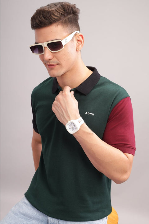 Adro Mens Green Cotton Polo T-shirt in Cut n Sew Style