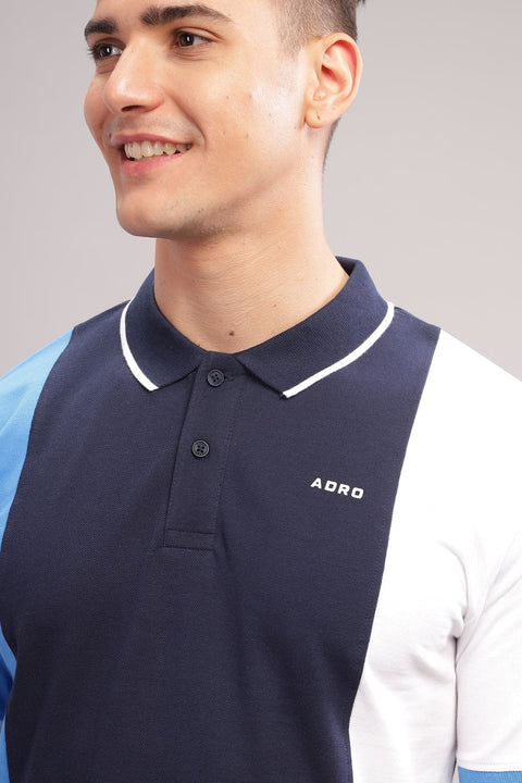 Adro Mens Blue Cotton Polo T-shirt in Cut n Sew Style