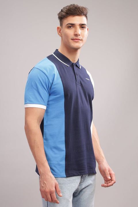 Adro Mens Blue Cotton Polo T-shirt in Cut n Sew Style