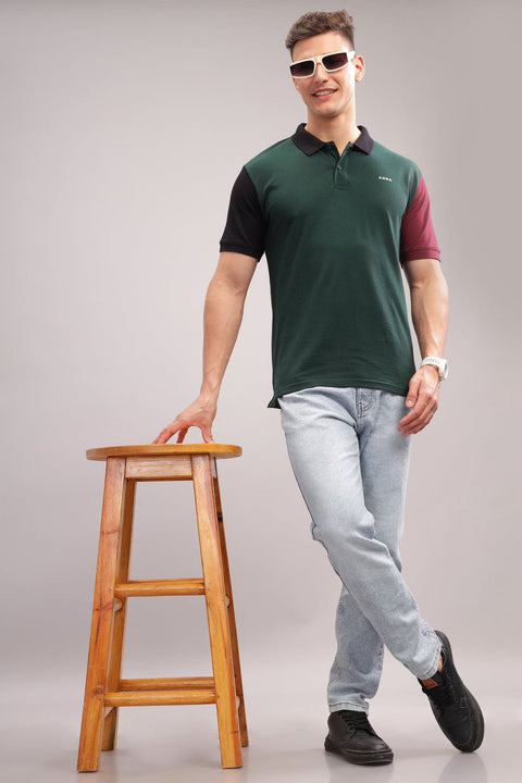 Adro Mens Green Cotton Polo T-shirt in Cut n Sew Style