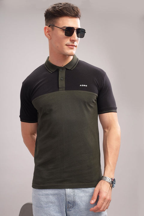 Adro Mens Olive Cotton Polo T-shirt in Cut n Sew Style
