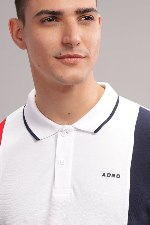 Adro Mens White Cotton Polo T-shirt in Cut n Sew Style