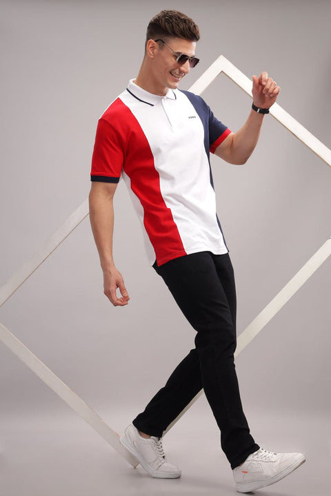 Adro Mens White Cotton Polo T-shirt in Cut n Sew Style