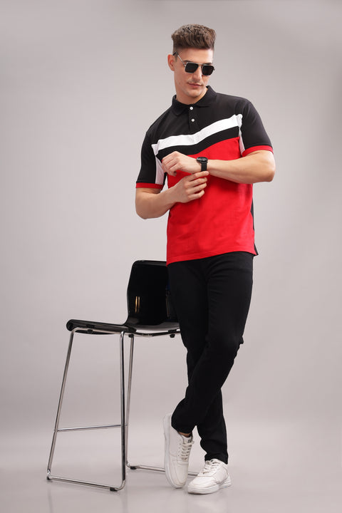 Adro Mens Red Cotton Polo T-shirt in Cut n Sew Style