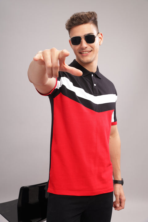 Adro Mens Red Cotton Polo T-shirt in Cut n Sew Style