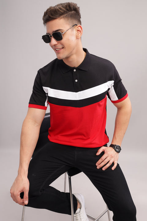 Adro Mens Red Cotton Polo T-shirt in Cut n Sew Style