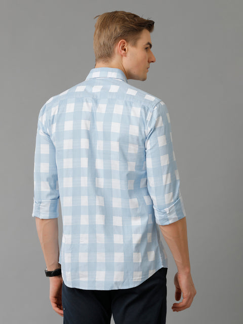 Men Skyblue Checked Slim Fit Giza Cotton Casual Shirt