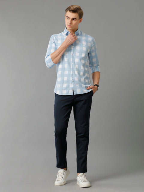 Men Skyblue Checked Slim Fit Giza Cotton Casual Shirt
