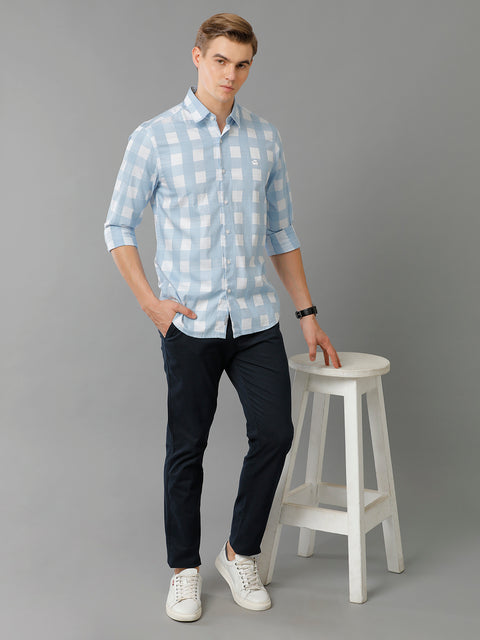 Men Skyblue Checked Slim Fit Giza Cotton Casual Shirt