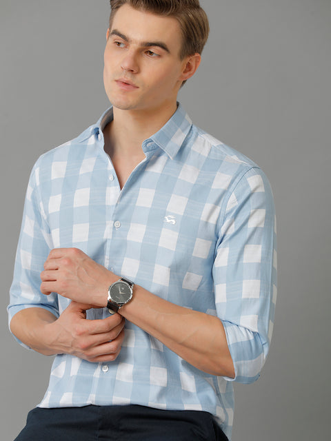 Men Skyblue Checked Slim Fit Giza Cotton Casual Shirt