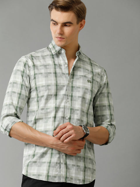 Men Green Checked Slim Fit Giza Cotton Casual Shirt