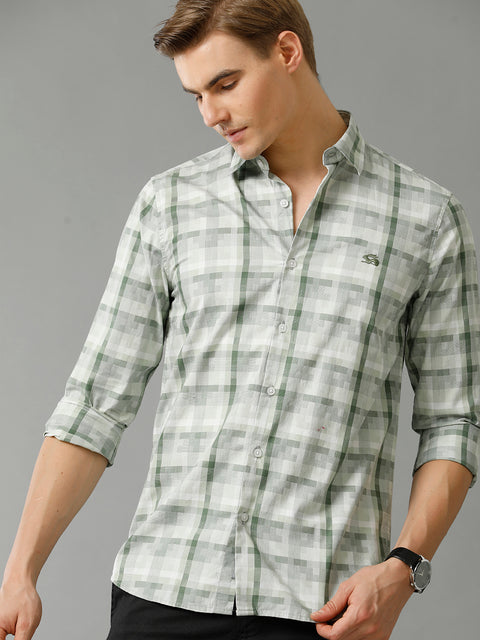 Men Green Checked Slim Fit Giza Cotton Casual Shirt