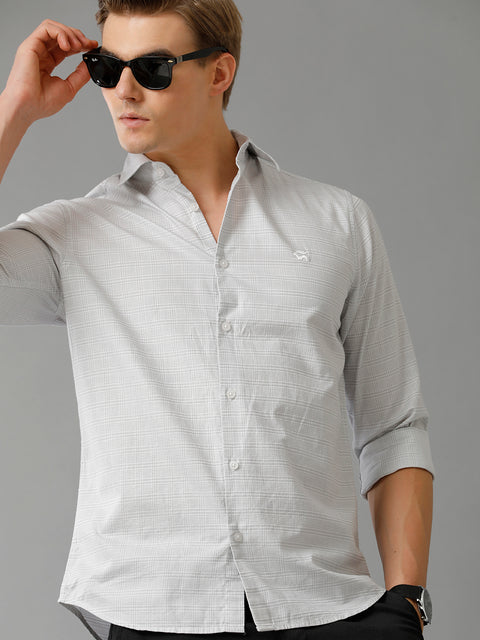 Men Light Grey Checked Slim Fit Giza Cotton Casual Shirt