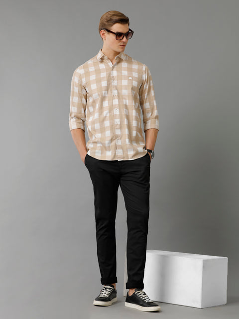 Men Beige Checked Slim Fit Giza Cotton Casual Shirt