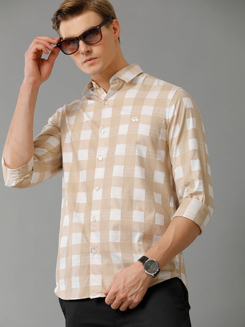 Men Beige Checked Slim Fit Giza Cotton Casual Shirt