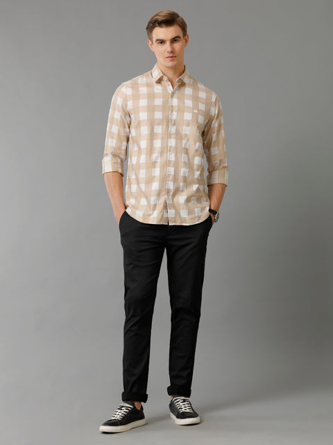 Men Beige Checked Slim Fit Giza Cotton Casual Shirt