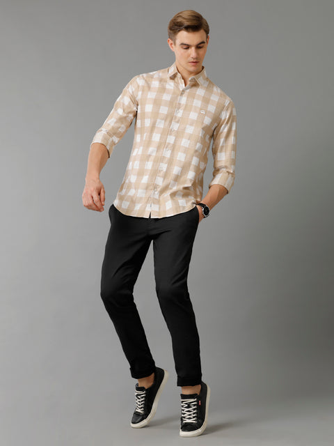Men Beige Checked Slim Fit Giza Cotton Casual Shirt