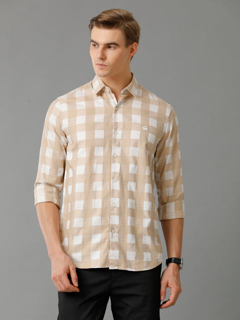 Men Beige Checked Slim Fit Giza Cotton Casual Shirt