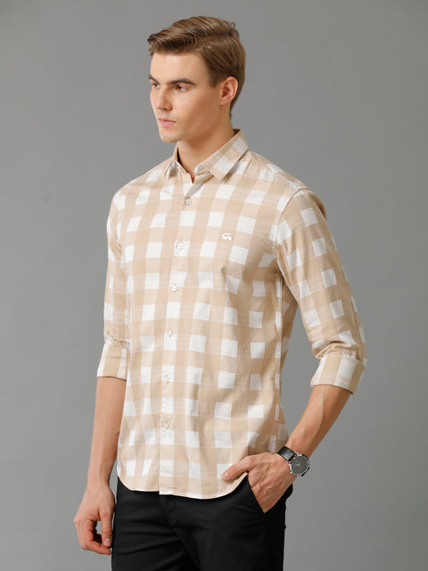 Men Beige Checked Slim Fit Giza Cotton Casual Shirt
