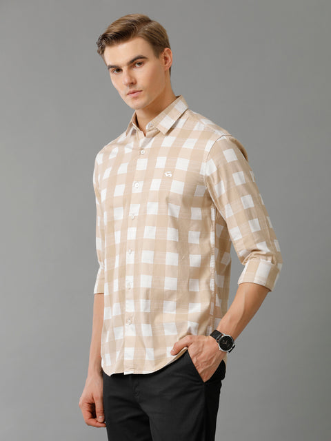Men Beige Checked Slim Fit Giza Cotton Casual Shirt