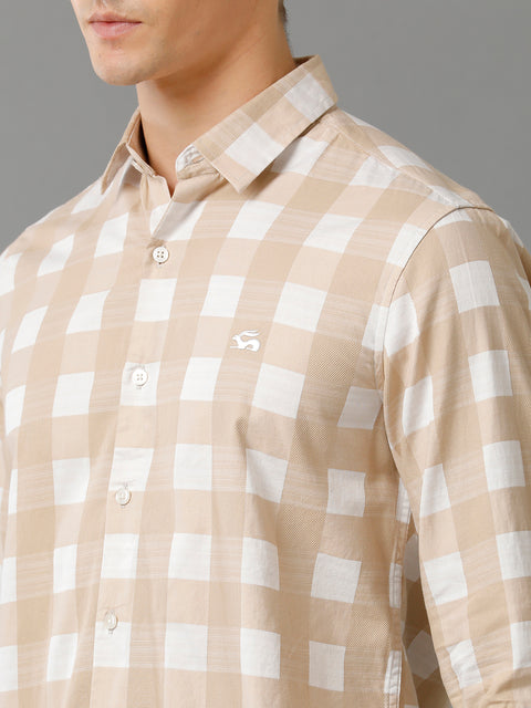 Men Beige Checked Slim Fit Giza Cotton Casual Shirt