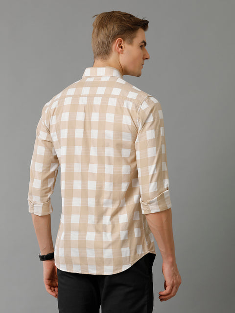 Men Beige Checked Slim Fit Giza Cotton Casual Shirt
