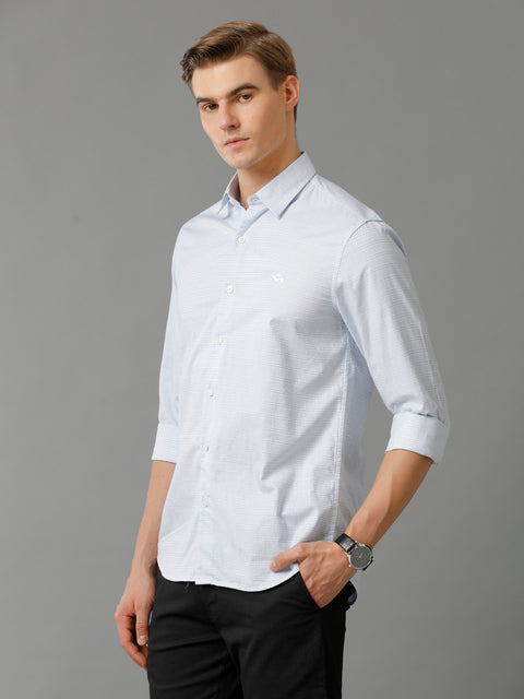 Men Light Skyblue Checked Slim Fit Giza Cotton Casual Shirt