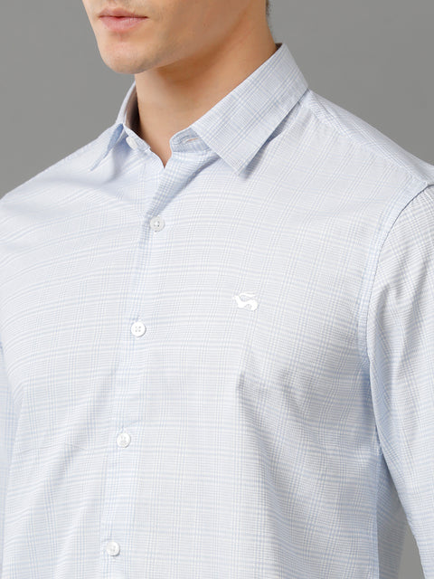 Men Light Skyblue Checked Slim Fit Giza Cotton Casual Shirt