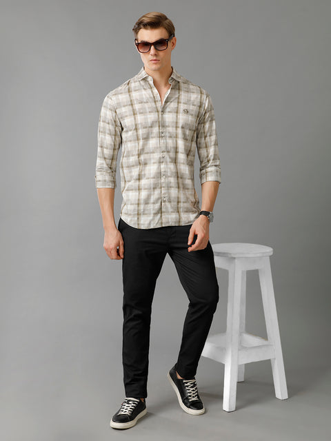 Men Brown Checked Slim Fit Giza Cotton Casual Shirt