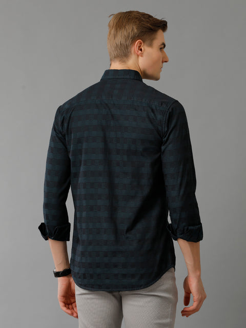 Men Navy Checked Slim Fit Giza Cotton Casual Shirt