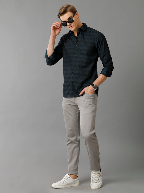 Men Navy Checked Slim Fit Giza Cotton Casual Shirt