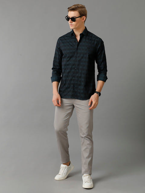 Men Navy Checked Slim Fit Giza Cotton Casual Shirt
