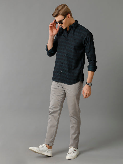 Men Navy Checked Slim Fit Giza Cotton Casual Shirt