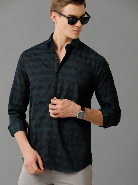 Men Navy Checked Slim Fit Giza Cotton Casual Shirt