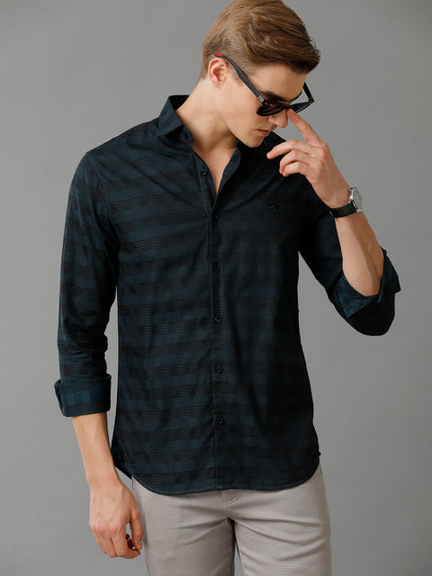Men Navy Checked Slim Fit Giza Cotton Casual Shirt