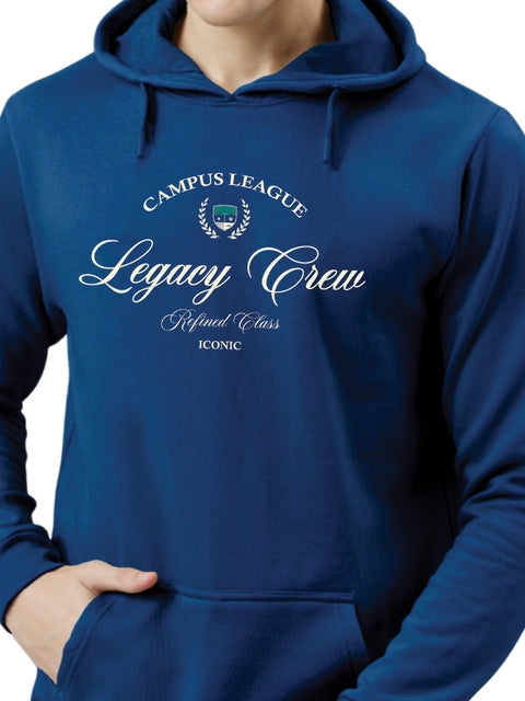 Adro Campus League Legacy Crew Hoodie for Men | 320 GSM Cotton-Poly Fleece | Soft Feel, Skin-Friendly Printed Graphic, Warm Casual Sweatshirt with Kangaroo Pocket & Drawstring Hood