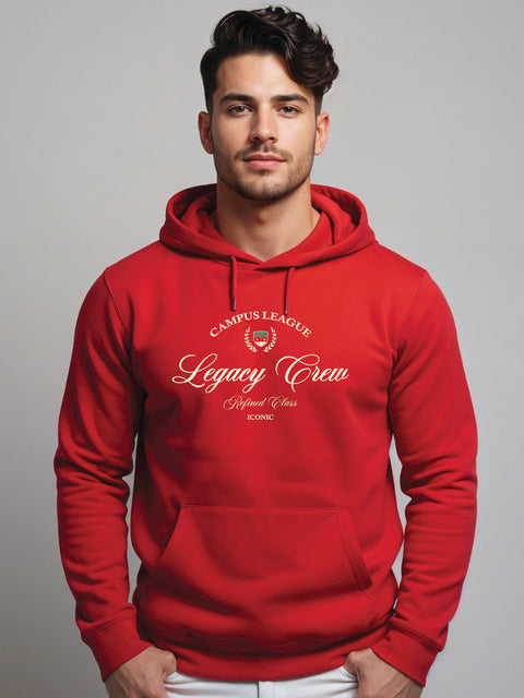 Adro Campus League Legacy Crew Hoodie for Men | 320 GSM Cotton-Poly Fleece | Soft Feel, Skin-Friendly Printed Graphic, Warm Casual Sweatshirt with Kangaroo Pocket & Drawstring Hood