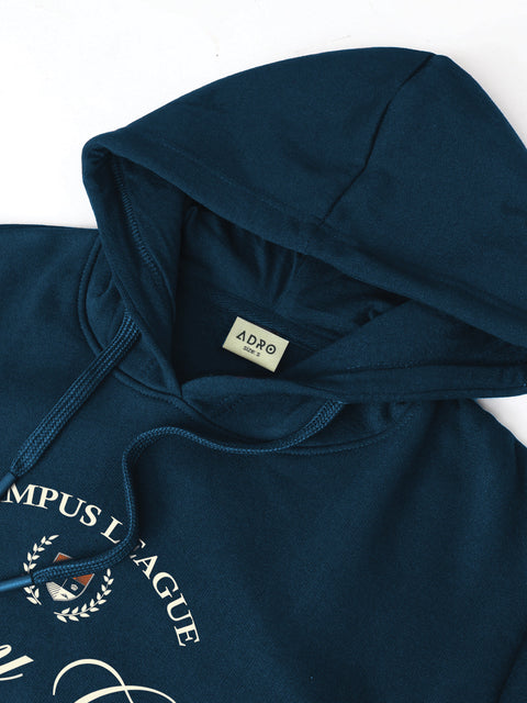 Adro Campus League Legacy Crew Hoodie for Men | 320 GSM Cotton-Poly Fleece | Soft Feel, Skin-Friendly Printed Graphic, Warm Casual Sweatshirt with Kangaroo Pocket & Drawstring Hood