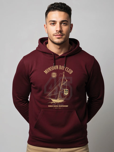 ADRO Men’s 320 GSM Cotton Poly Fleece Hoodie – Monsoon Bay Club Sailing Graphic, Soft Feel Fabric, Skin-Friendly Print, Casual Winter Printed Hoodies with Kangaroo Pocket