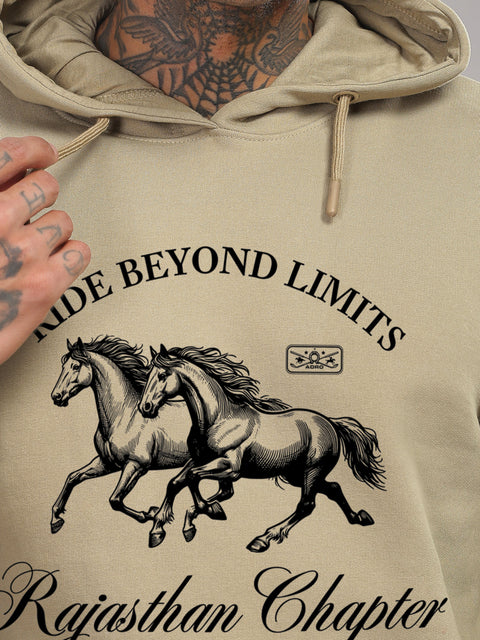 Adro Ride Beyond Limits Rajasthan Chapter Hoodie for Men | 320 GSM Cotton-Poly Fleece | Soft Feel, Skin-Friendly Printed Graphic, Warm Casual Sweatshirt with Kangaroo Pocket & Drawstring Hood –