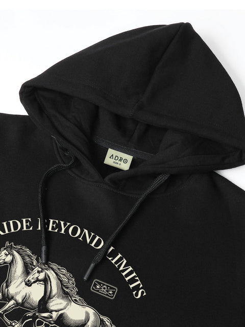 Adro Ride Beyond Limits Rajasthan Chapter Hoodie for Men | 320 GSM Cotton-Poly Fleece | Soft Feel, Skin-Friendly Printed Graphic, Warm Casual Sweatshirt with Kangaroo Pocket & Drawstring Hood –