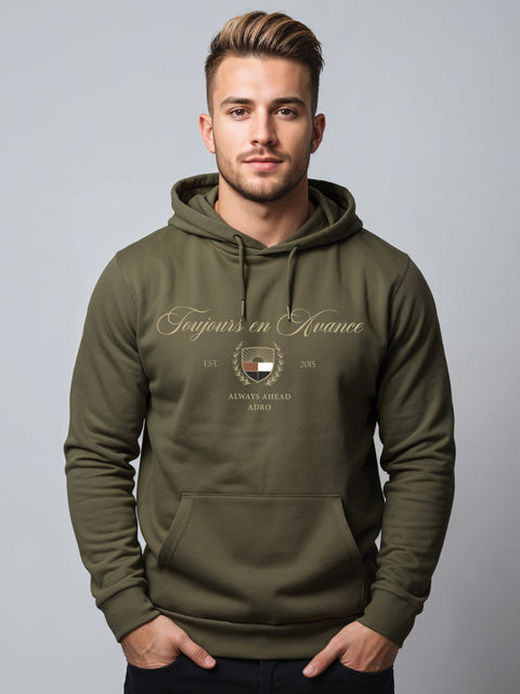 Adro Toujours en Avance Hoodie for Men | 320 GSM Cotton-Poly Fleece | Soft Feel, Skin-Friendly Printed Graphic, Warm Casual Sweatshirt with Kangaroo Pocket & Drawstring Hood