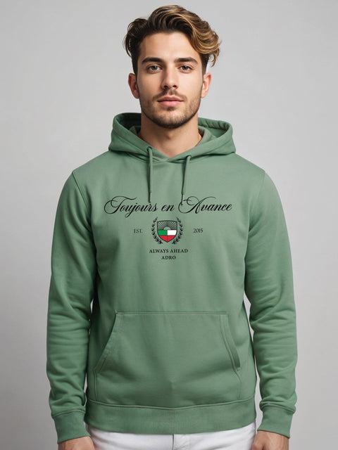Adro Toujours en Avance Hoodie for Men | 320 GSM Cotton-Poly Fleece | Soft Feel, Skin-Friendly Printed Graphic, Warm Casual Sweatshirt with Kangaroo Pocket & Drawstring Hood