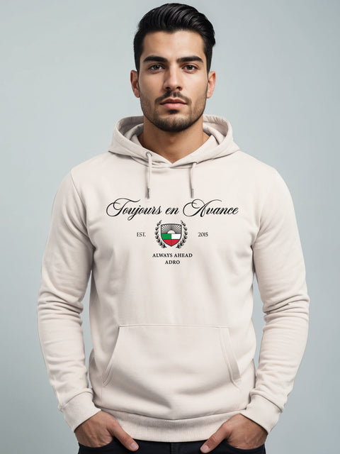 Adro Toujours en Avance Hoodie for Men | 320 GSM Cotton-Poly Fleece | Soft Feel, Skin-Friendly Printed Graphic, Warm Casual Sweatshirt with Kangaroo Pocket & Drawstring Hood