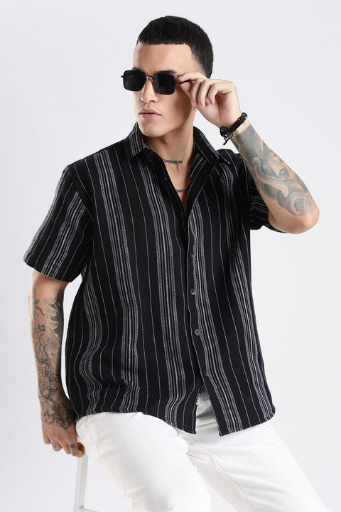 Adro Men's Relaxed Fit Black Striped Spread Collar Casual Shirt – Short Sleeves, Lightweight Cotton Blend