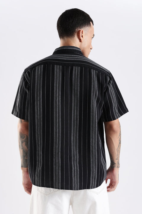 Adro Men's Relaxed Fit Black Striped Spread Collar Casual Shirt – Short Sleeves, Lightweight Cotton Blend