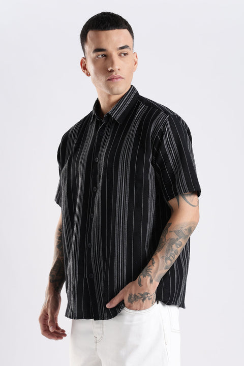 Adro Men's Relaxed Fit Black Striped Spread Collar Casual Shirt – Short Sleeves, Lightweight Cotton Blend