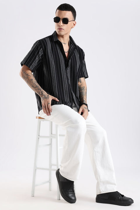 Adro Men's Relaxed Fit Black Striped Spread Collar Casual Shirt – Short Sleeves, Lightweight Cotton Blend