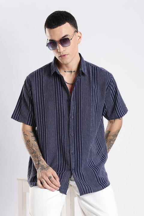 Adro Men Spread Collar Vertical Striped Self Design Cotton Oversized Casual Shirt