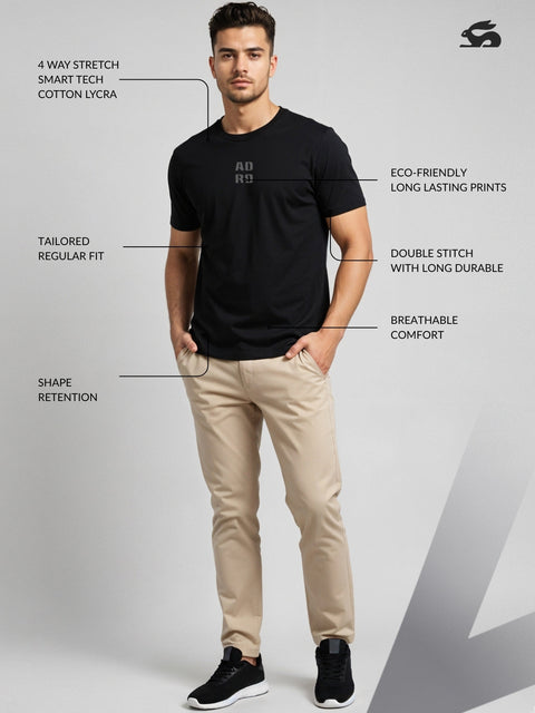 Adro Men’s Regular Fit T-Shirt – Minimal ADRO Text Design | 180 GSM Cotton Lycra Half Sleeve Round Neck Logo Tee